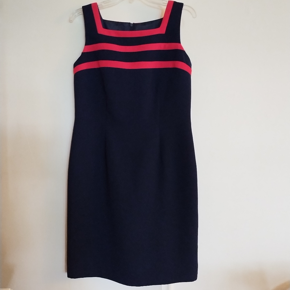 Studio I Petite Dark Navy & Red Accent Trim Sheath Sleeveless Dress Size 8